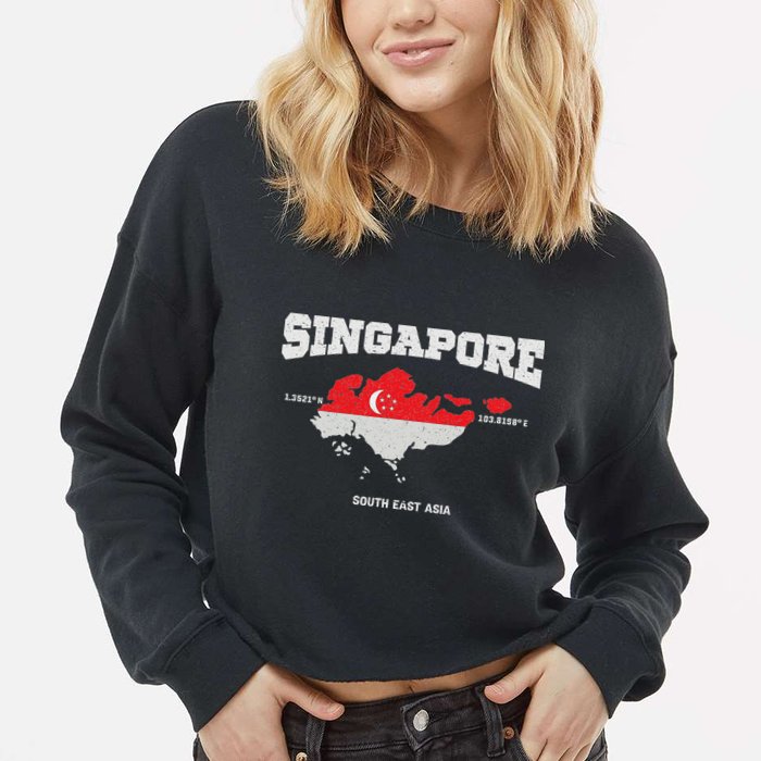 Singapore Flag And Map, Singapore Coordinates Cropped Pullover Crew