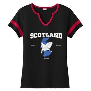 Scottish Flag And Map Scotland Coordinates Ladies Halftime Notch Neck Tee