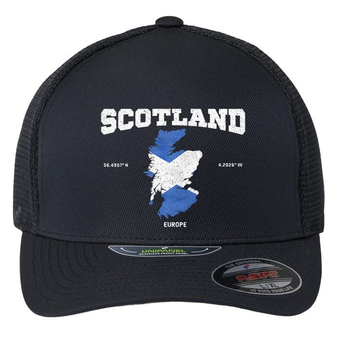 Scottish Flag And Map Scotland Coordinates Flexfit Unipanel Trucker Cap