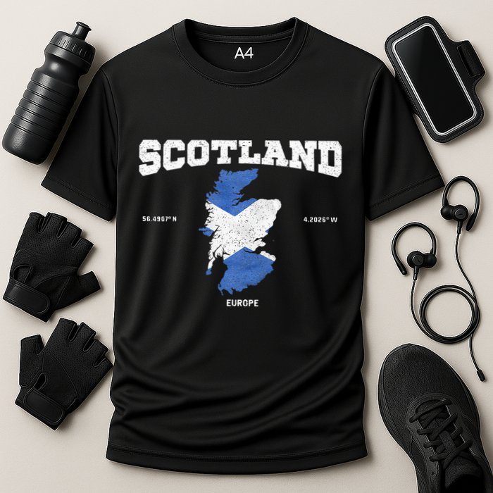 Scottish Flag And Map Scotland Coordinates Performance Shirt