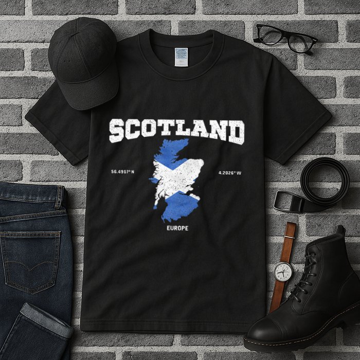 Scottish Flag And Map Scotland Coordinates Tall T-Shirt