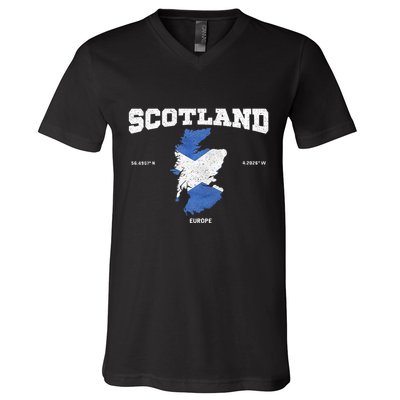 Scottish Flag And Map Scotland Coordinates V-Neck T-Shirt