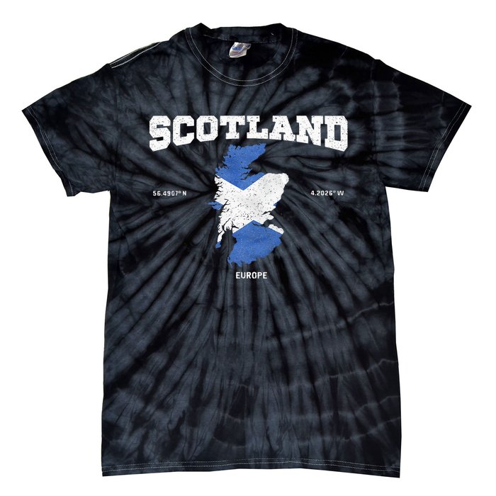 Scottish Flag And Map Scotland Coordinates Tie-Dye T-Shirt