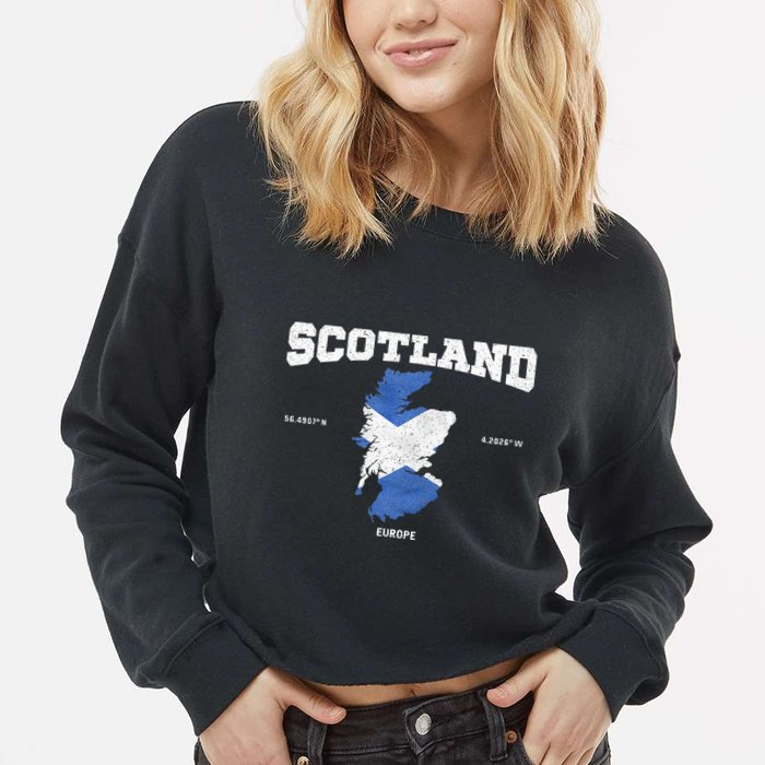 Scottish Flag And Map Scotland Coordinates Cropped Pullover Crew