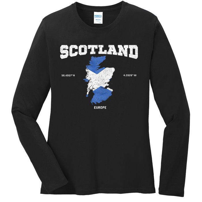 Scottish Flag And Map Scotland Coordinates Ladies Long Sleeve Shirt