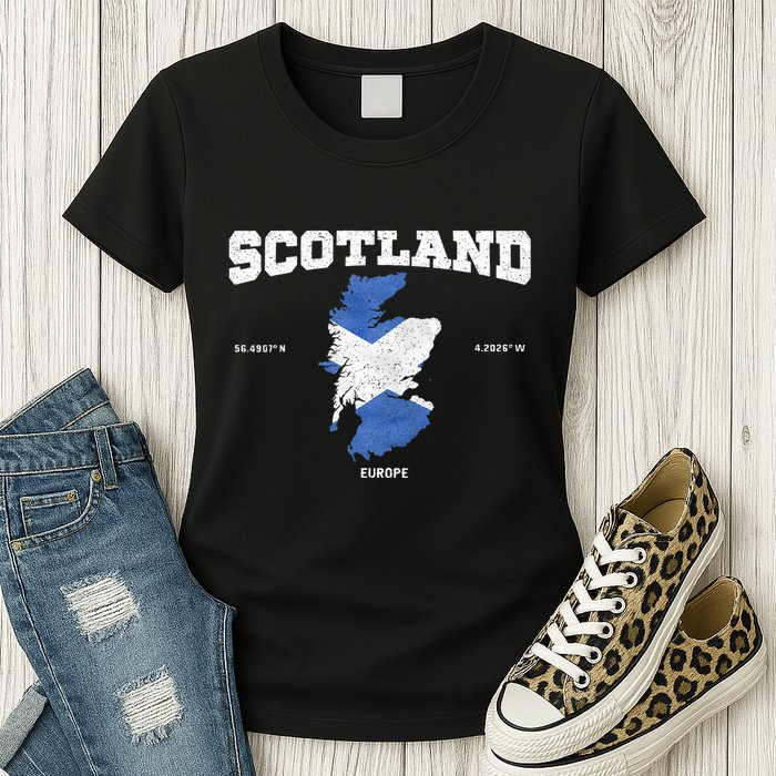 Scottish Flag And Map Scotland Coordinates Womens T-Shirt