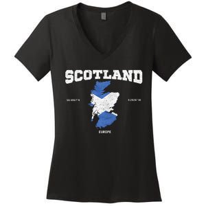 Scottish Flag And Map Scotland Coordinates Women's V-Neck T-Shirt