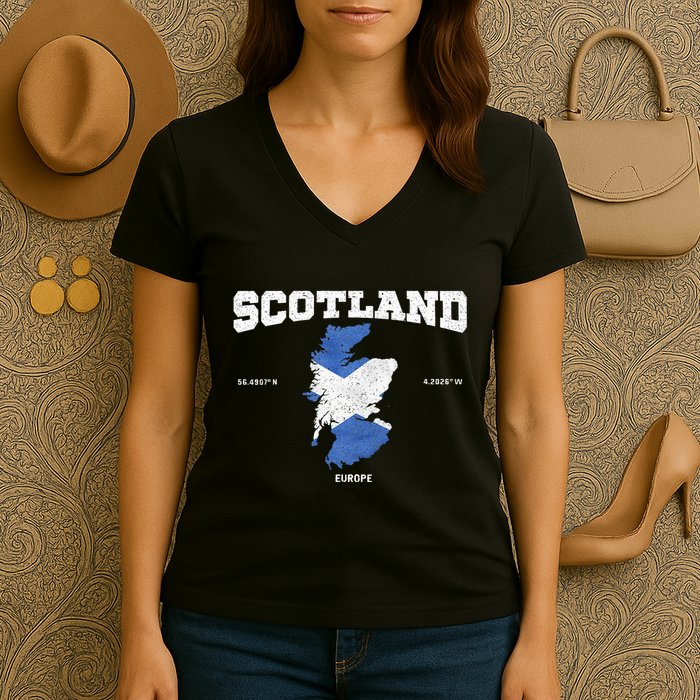 Scottish Flag And Map Scotland Coordinates Women's V-Neck T-Shirt
