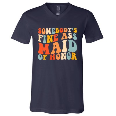 Somebodys Fine Ass Maid Of Honor Funny Retro Groovy V-Neck T-Shirt