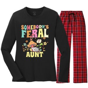 Somebody's Feral Aunt Opossum Wild Auntie Groovy Mushroom Women's Long Sleeve Flannel Pajama Set 