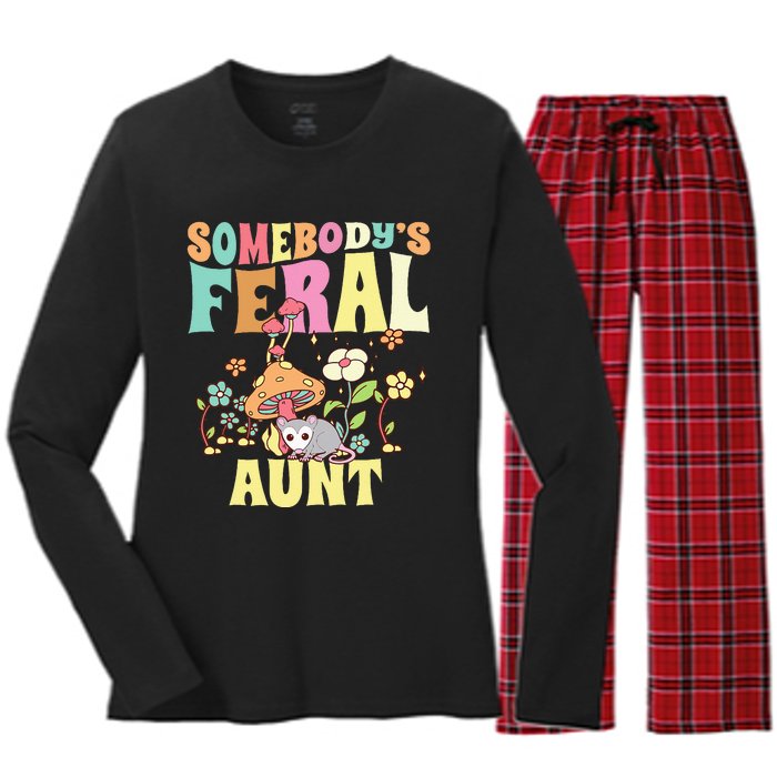 Somebody's Feral Aunt Opossum Wild Auntie Groovy Mushroom Women's Long Sleeve Flannel Pajama Set 