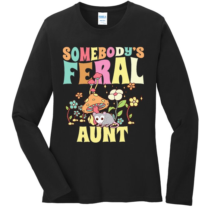 Somebody's Feral Aunt Opossum Wild Auntie Groovy Mushroom Ladies Long Sleeve Shirt