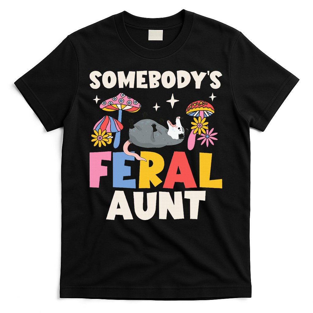 Somebody's Feral Aunt Opossum Wild Auntie Groovy Mushroom T-Shirt