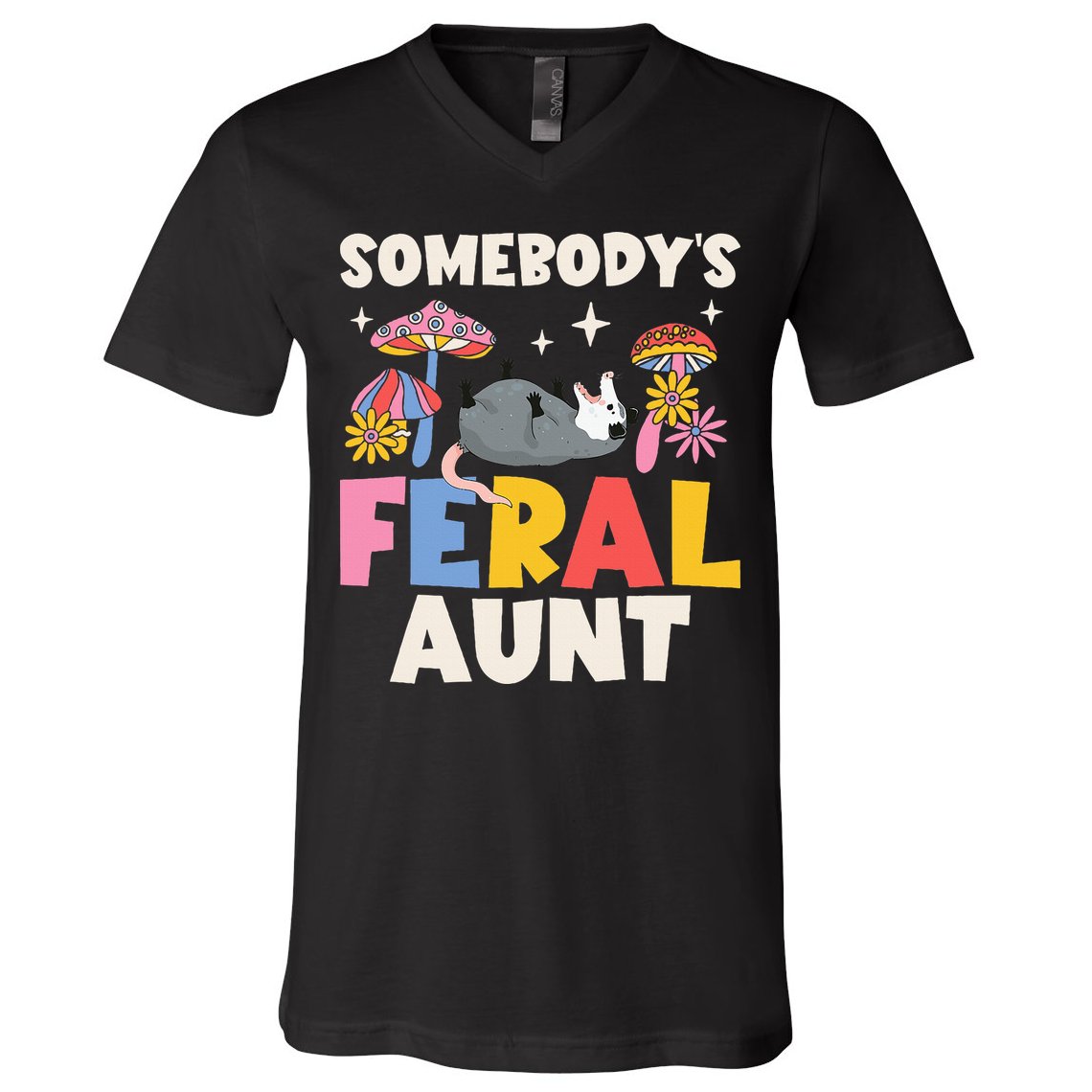 Somebody's Feral Aunt Opossum Wild Auntie Groovy Mushroom V-Neck T-Shirt