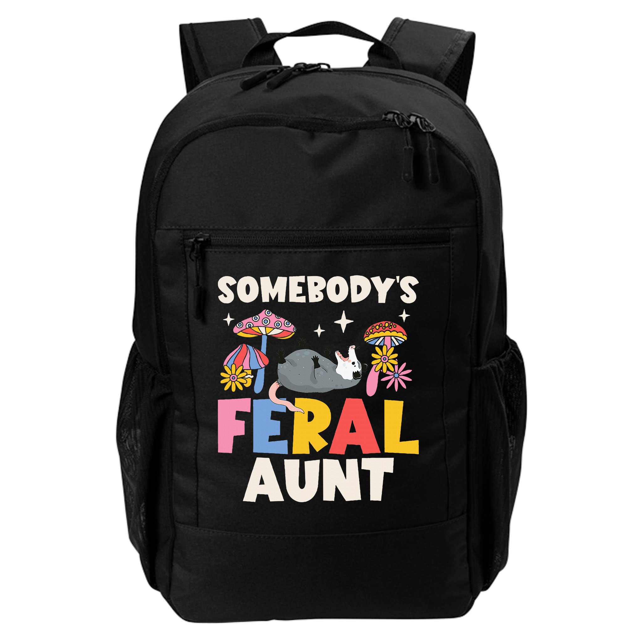 Somebody's Feral Aunt Opossum Wild Auntie Groovy Mushroom Backpack
