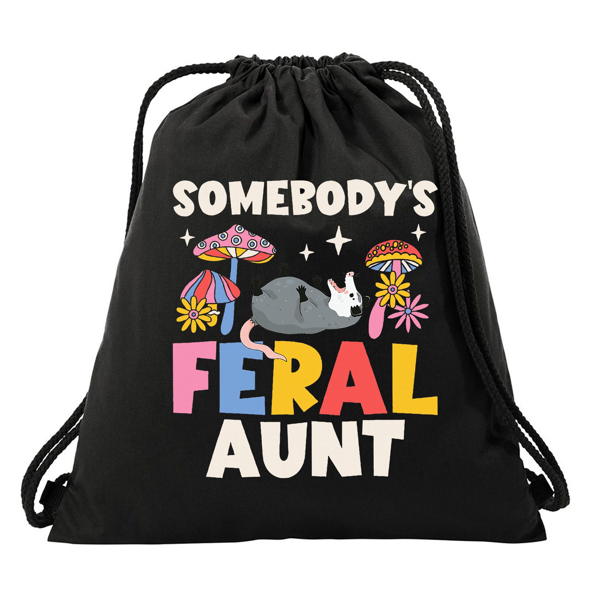 Somebody's Feral Aunt Opossum Wild Auntie Groovy Mushroom Drawstring Bag