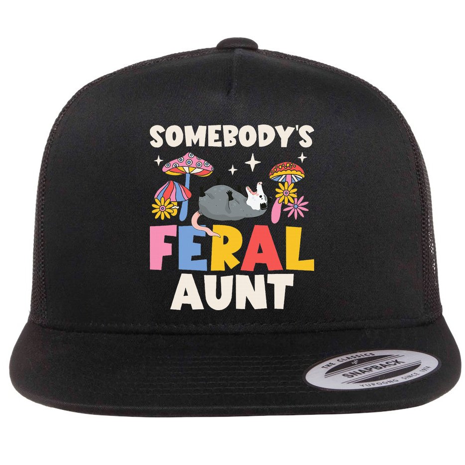 Somebody's Feral Aunt Opossum Wild Auntie Groovy Mushroom Flat Bill Trucker Hat