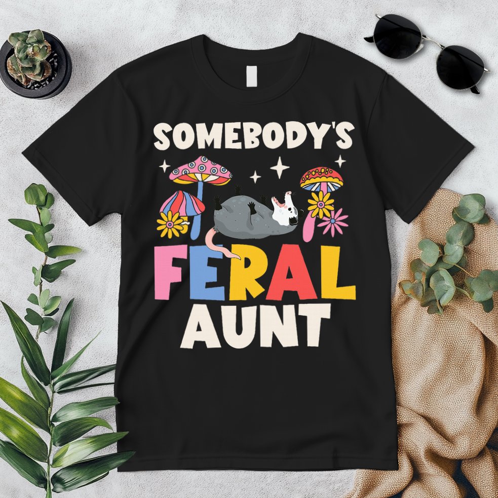 Somebody's Feral Aunt Opossum Wild Auntie Groovy Mushroom Premium T-Shirt