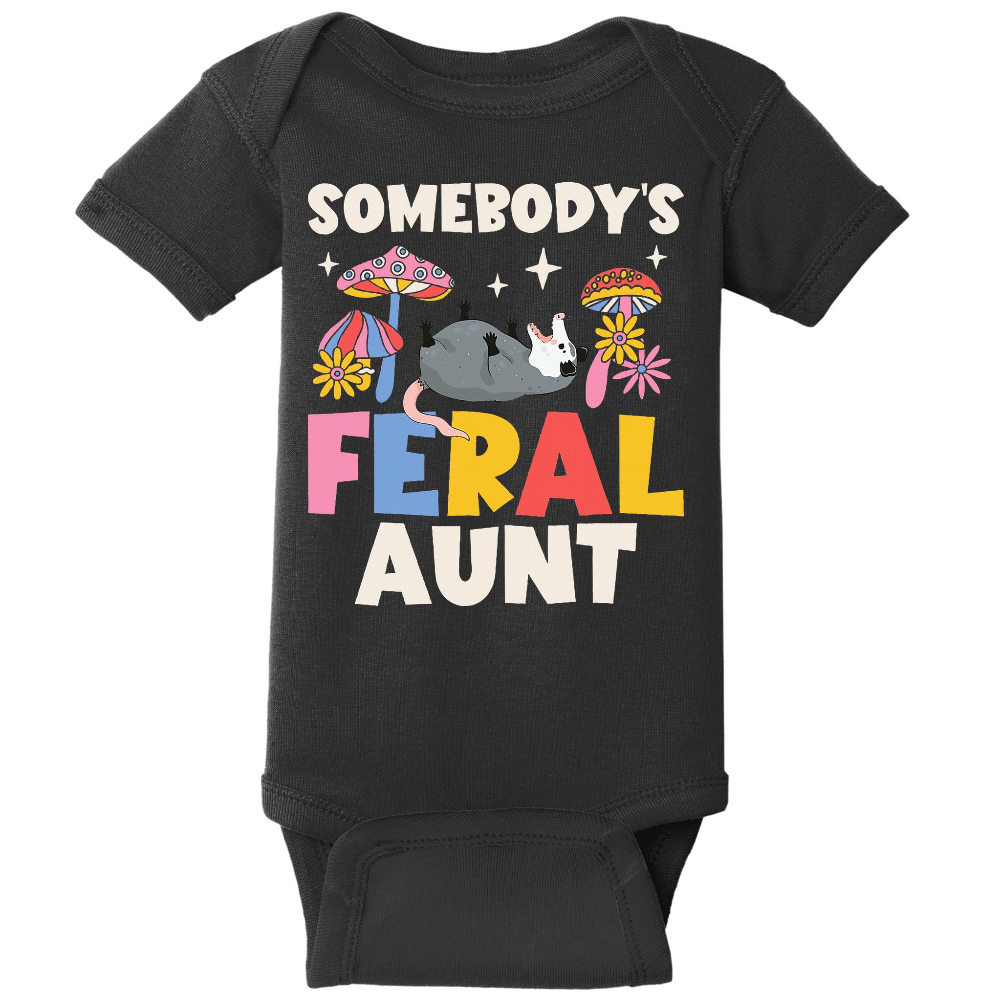 Somebody's Feral Aunt Opossum Wild Auntie Groovy Mushroom Baby Bodysuit