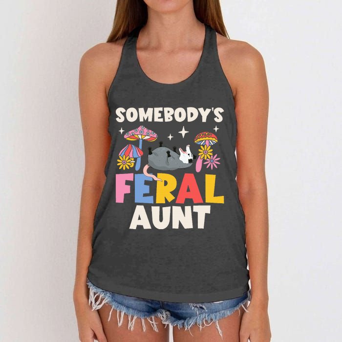 Somebody's Feral Aunt Opossum Wild Auntie Groovy Mushroom Women's Knotted Racerback Tank