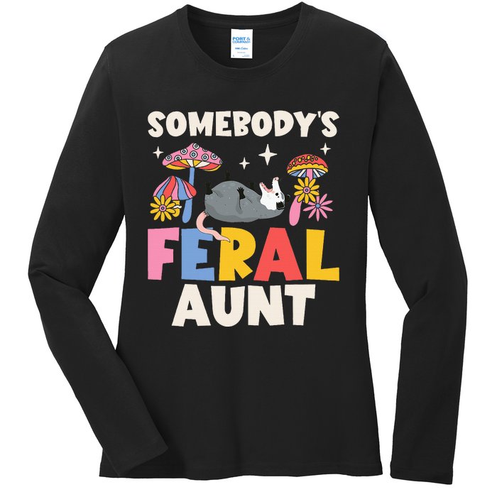 Somebody's Feral Aunt Opossum Wild Auntie Groovy Mushroom Ladies Long Sleeve Shirt