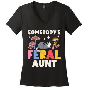 Somebody's Feral Aunt Opossum Wild Auntie Groovy Mushroom Women's V-Neck T-Shirt