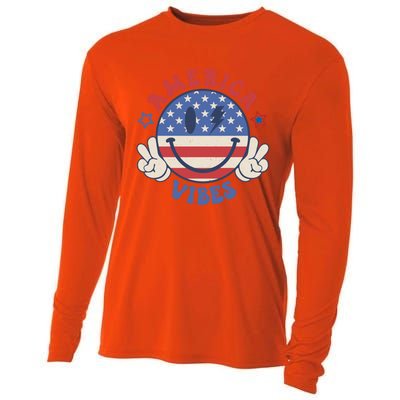 Smile Face America Vibes Usa Flag 4th Of July Patriotic Gift Cooling Performance Long Sleeve Crew