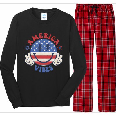 Smile Face America Vibes Usa Flag 4th Of July Patriotic Gift Long Sleeve Pajama Set