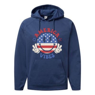 Smile Face America Vibes Usa Flag 4th Of July Patriotic Gift Performance Fleece Hoodie