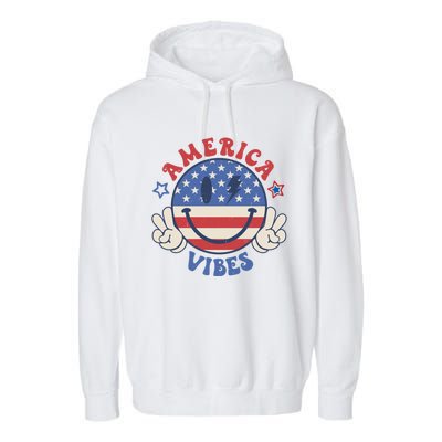 Smile Face America Vibes Usa Flag 4th Of July Patriotic Gift Garment-Dyed Fleece Hoodie