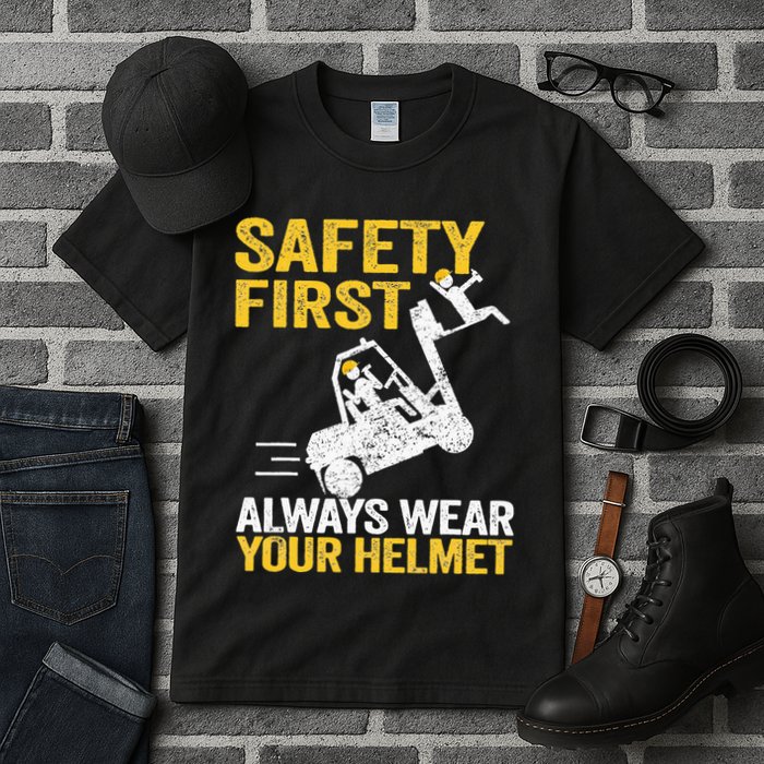Safety First Always Wear Your Helmet Funny Forklift Driver Tall T-Shirt