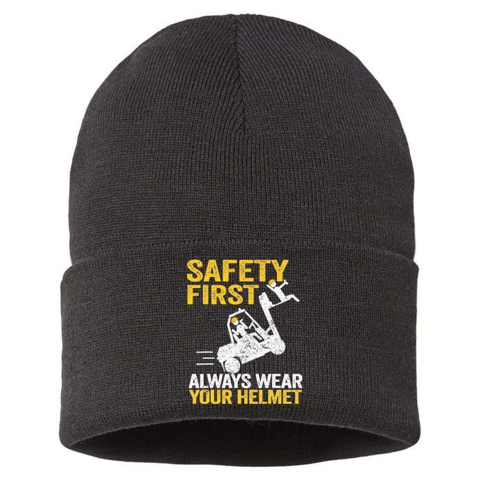 Safety First Always Wear Your Helmet Funny Forklift Driver Sustainable Knit Beanie