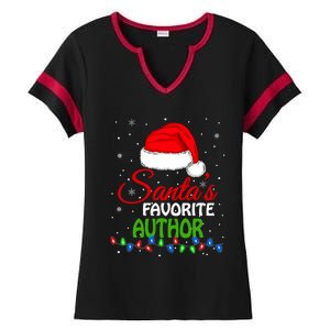 SantaS Favorite Author Santa Hat Lights. Funny Christmas Ladies Halftime Notch Neck Tee