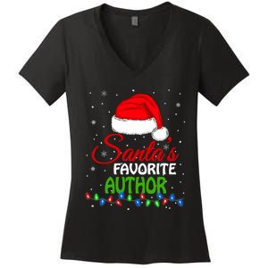 SantaS Favorite Author Santa Hat Lights. Funny Christmas Women's V-Neck T-Shirt