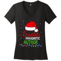 SantaS Favorite Author Santa Hat Lights. Funny Christmas Women's V-Neck T-Shirt