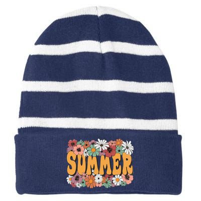 Summer Flowers Beautiful Summer Floral Retro Striped Beanie with Solid Band