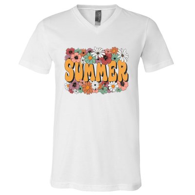 Summer Flowers Beautiful Summer Floral Retro V-Neck T-Shirt