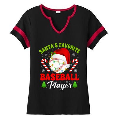 Santa's Favorite Baseball Player Christmas Ladies Halftime Notch Neck Tee