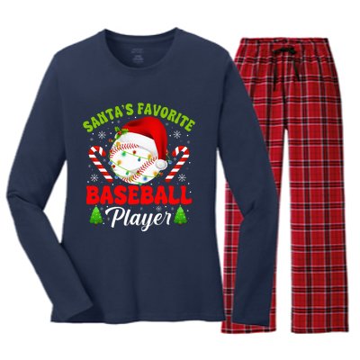 Santa's Favorite Baseball Player Christmas Women's Long Sleeve Flannel Pajama Set 