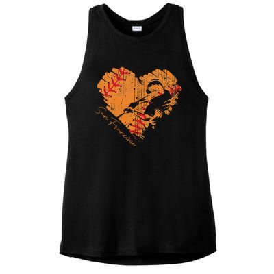 San Francisco Baseball Heart Distressed Vintage Ladies PosiCharge Tri-Blend Wicking Tank