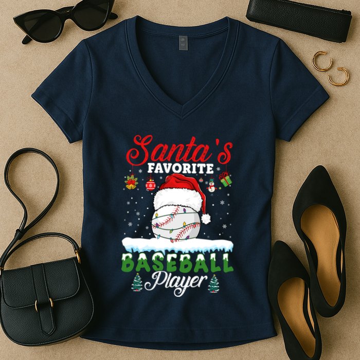 SantaS Favorite Baseball Player Christmas Baseball Women's V-Neck T-Shirt