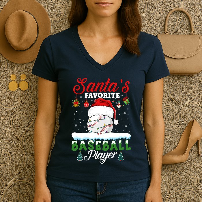 SantaS Favorite Baseball Player Christmas Baseball Women's V-Neck T-Shirt