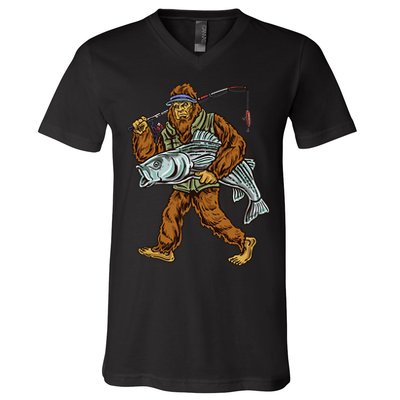 Striper Fishing Bigfoot Striped Bass Fishermen V-Neck T-Shirt