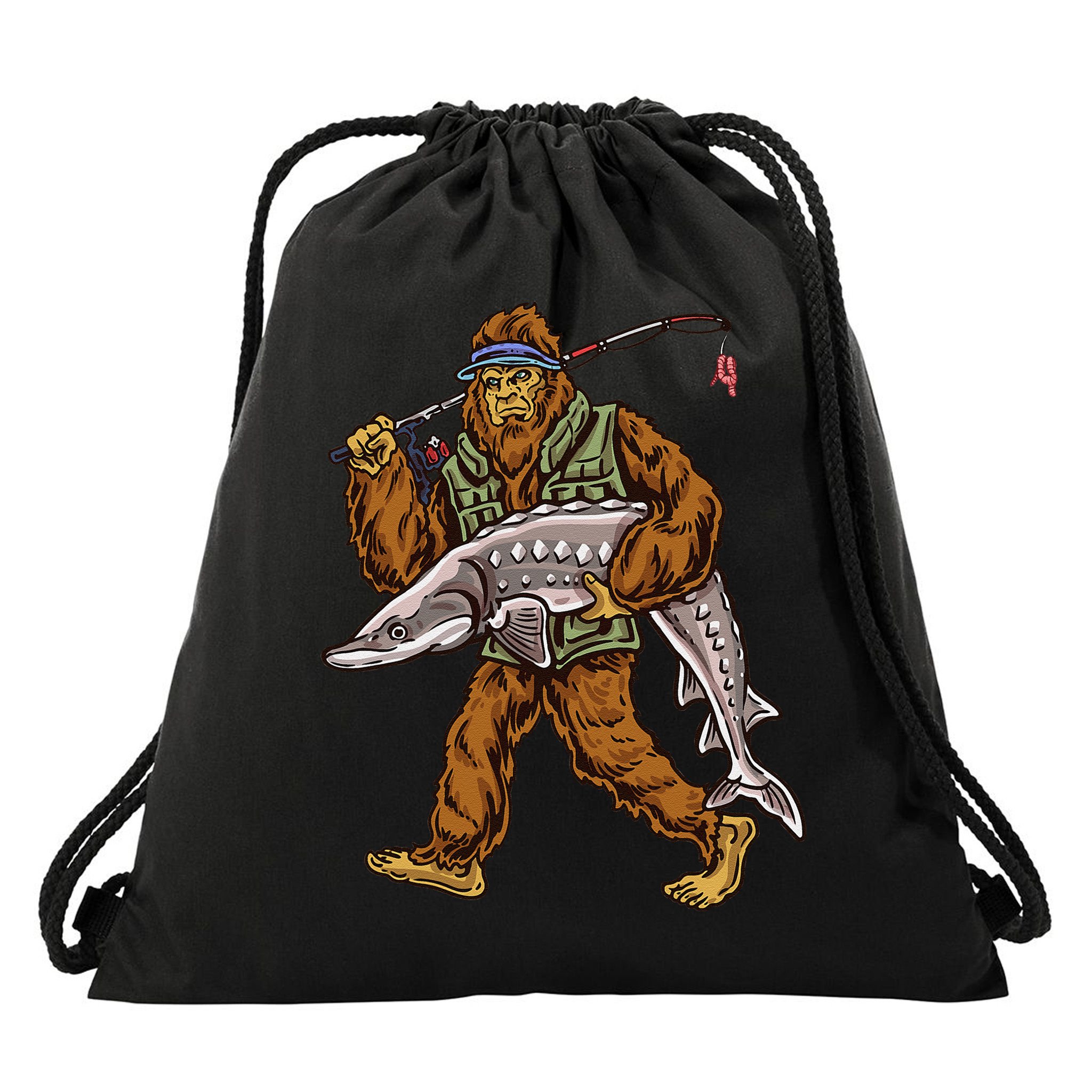 Sturgeon Fishing Bigfoot Fishermen Drawstring Bag