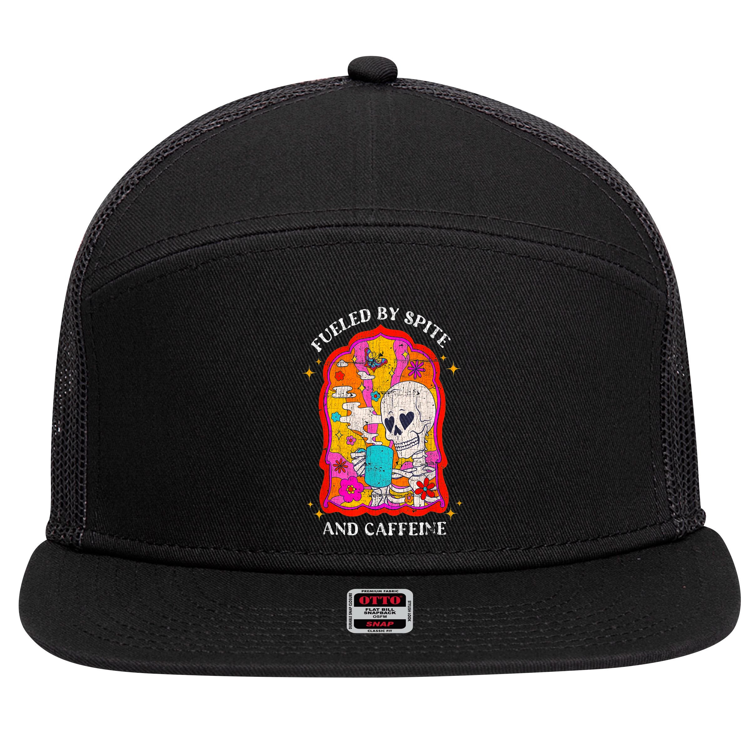 Skeleton Fueled By Spite And Caffeine 7 Panel Mesh Trucker Snapback Hat