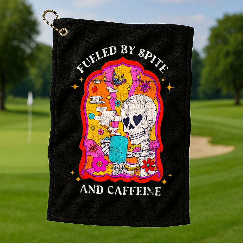 Skeleton Fueled By Spite And Caffeine Golf Towel