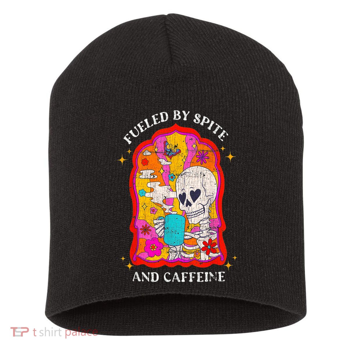 Skeleton Fueled By Spite And Caffeine Short Acrylic Beanie