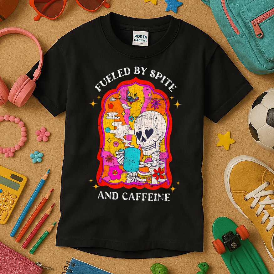 Skeleton Fueled By Spite And Caffeine Kids T-Shirt