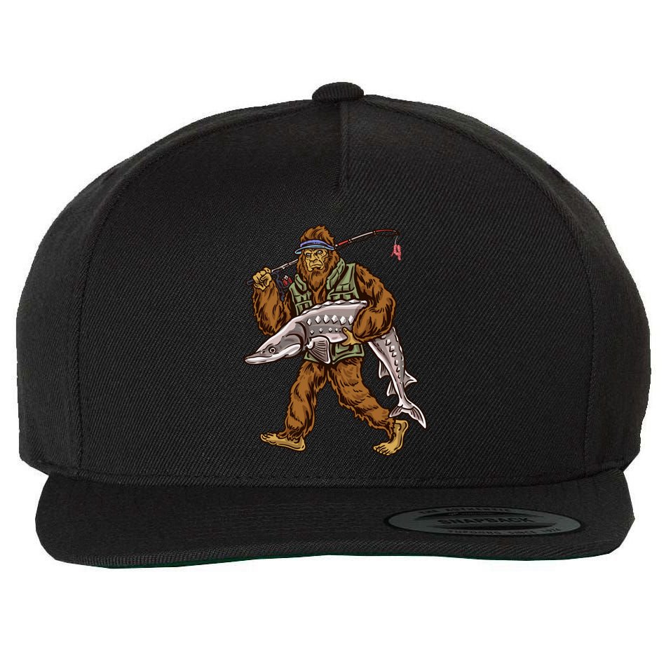 Sturgeon Fishing Bigfoot Fisher Gift Wool Snapback Cap