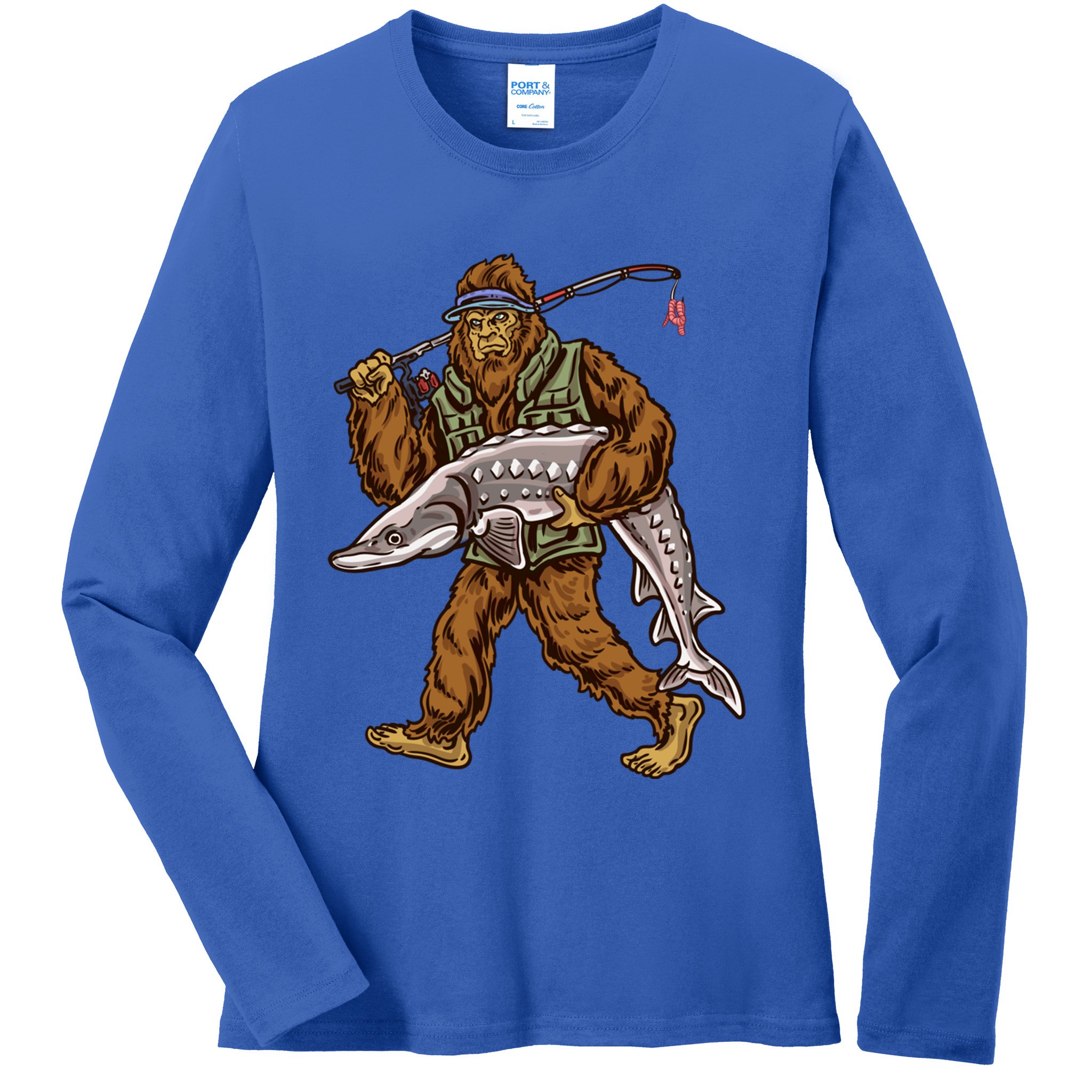 Sturgeon Fishing Bigfoot Fisher Gift Ladies Long Sleeve Shirt